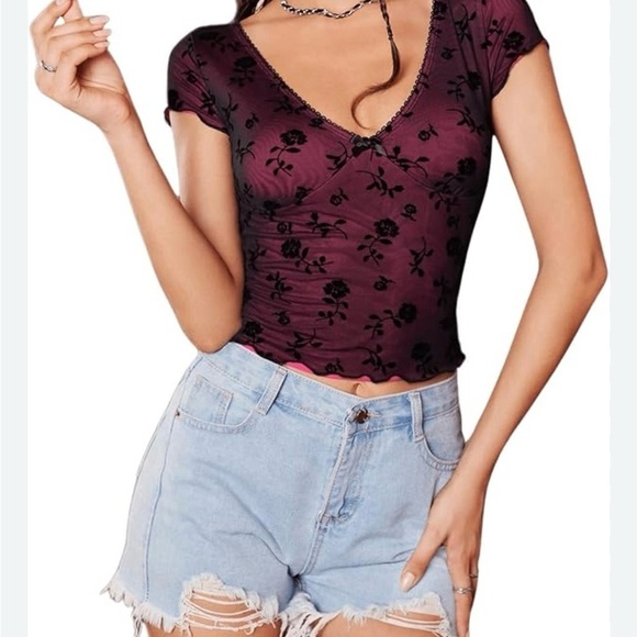 Vibe Sportswear Tops - Elegant Burgundy Floral V-Neck Blouse